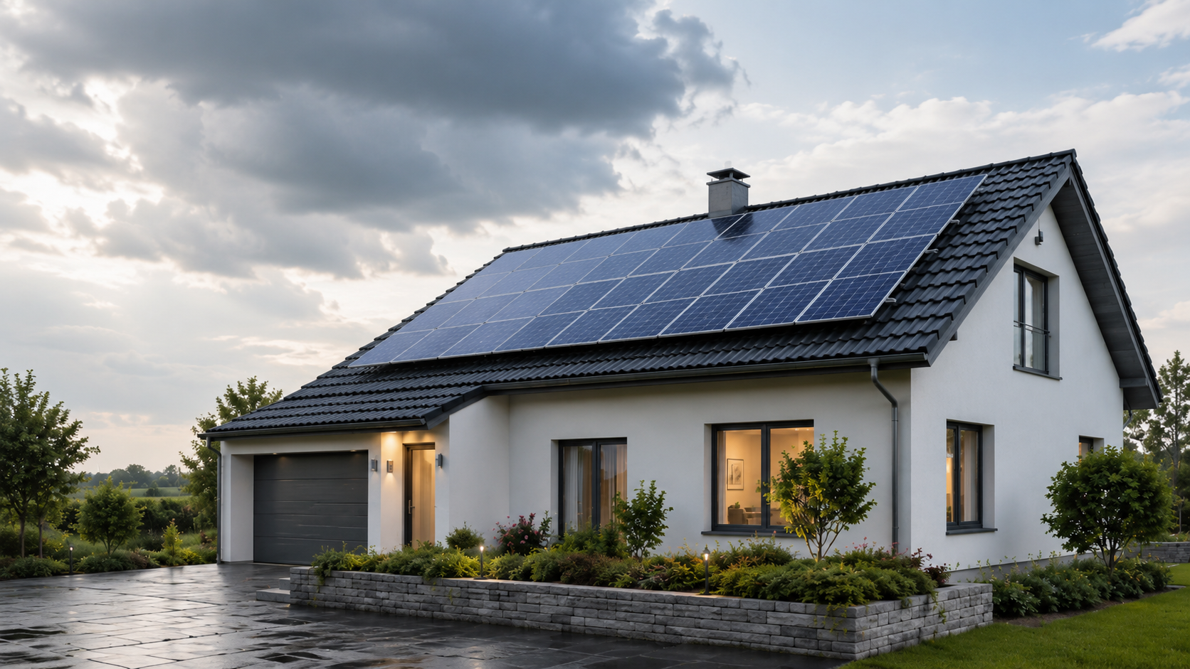Ein Haus mit PV-Anlage mit einem aufziehendem Unwetter im Hintergrund